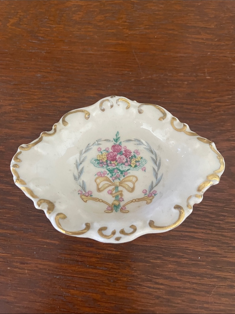 Porcelain Decorative Trinket Dish with Pink Floral Design and Gold Trim